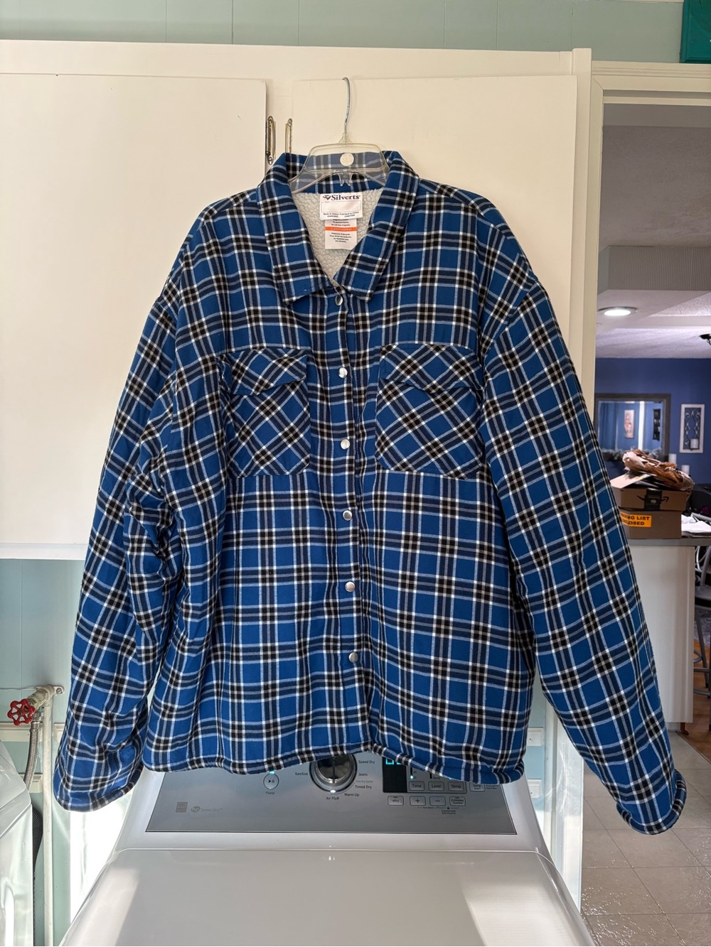 Mens SZ L Silverts Sherpa Lined Blue Plaid Magnetic Button Up Shirt/ Jacket